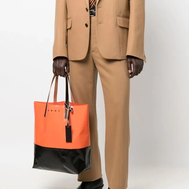MARNI Tribeca Calfskin Tote Bag Shopping Bag Shoulder Bag Handbag Men's Orange/Black-4