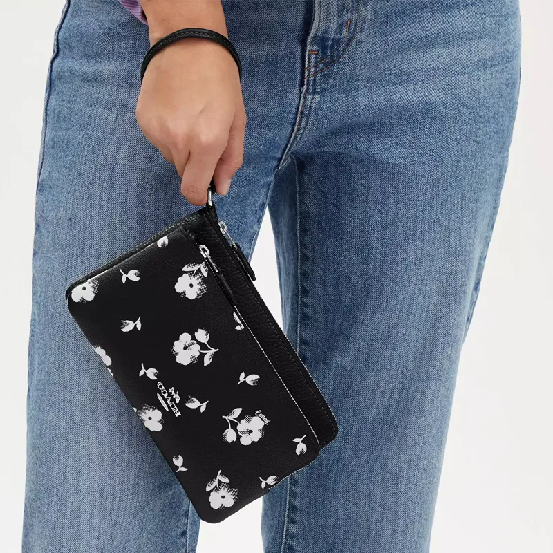 COACH Double Zip Wallet Coated Canvas With Genuine Stone Grain Leather Wallet Unisex Silver & Black Multicolor-2