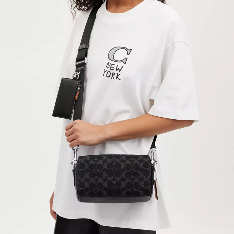COACH Iconic Denim With Smooth Calfskin Shoulder Bag Crossbody Bag Small Size Women's Black-4