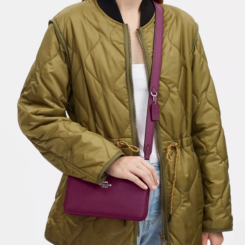 COACH Pebbled Leather Envelope Bag, Shoulder Bag, Crossbody Bag Trumpets Unisex Dark Berry-3