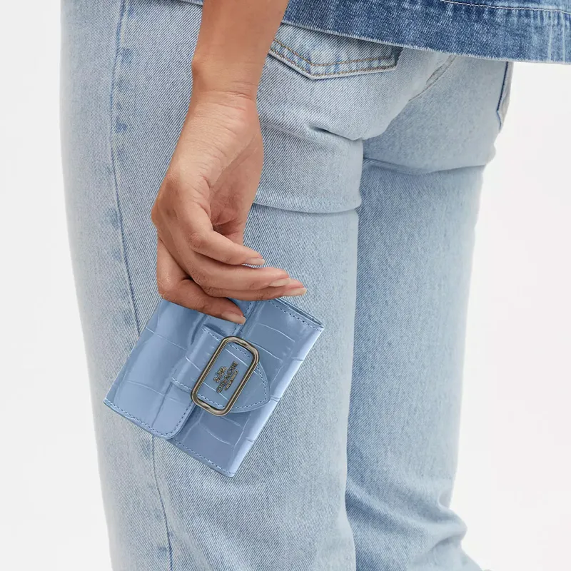 COACH Morgan Crocodile Textured Leather With Smooth Leather Wallet Mini Women's Bronze With Cornflower Pattern-5
