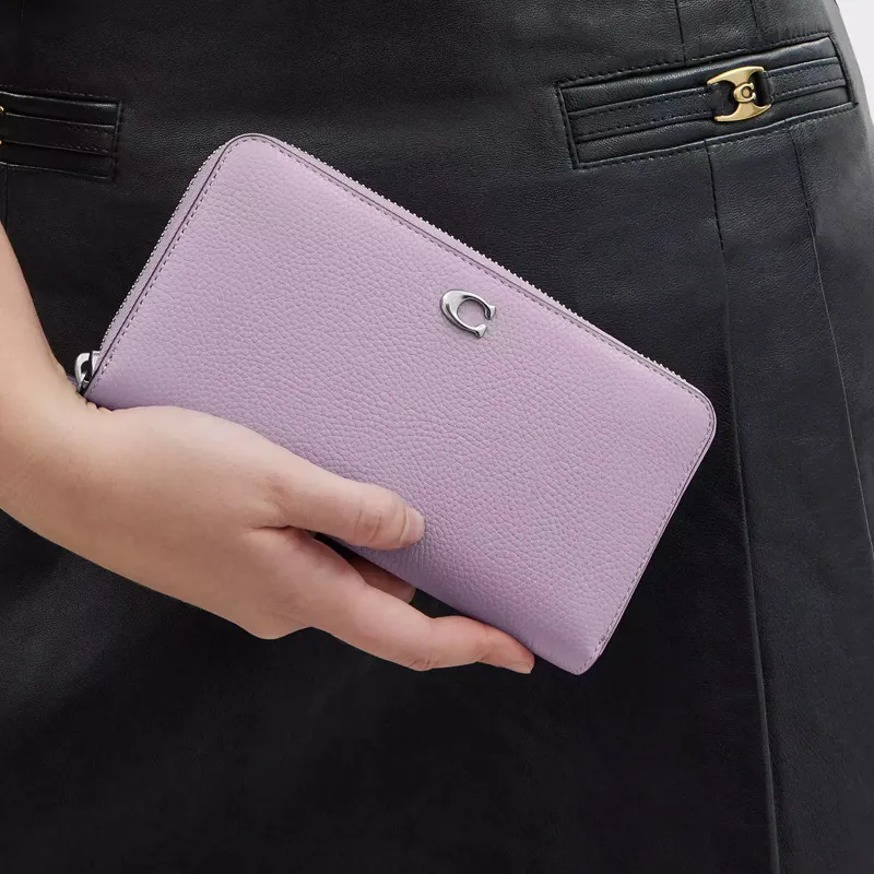 COACH Accordion Zip Polished Pebbled Leather Wallet Small Size Women's Silver & Light Purple-2