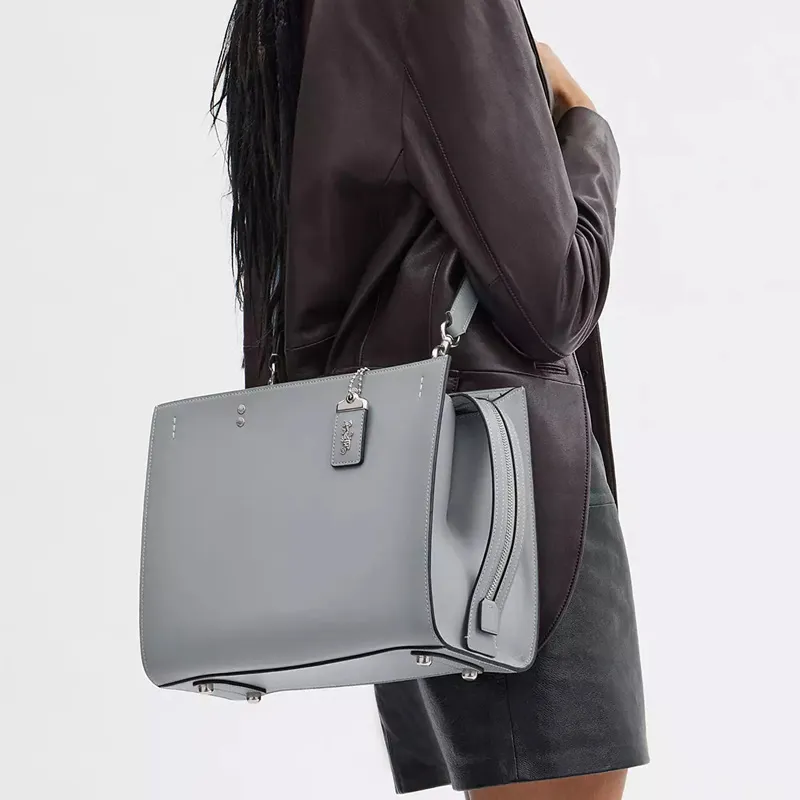 COACH Rogue Glove Tanning Shoulder Bag, Crossbody Bag, Handbag Large Size Women's Silver & Gray Blue-3