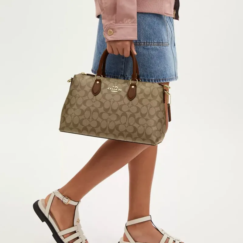 COACH Coated Canvas With Smooth Leather Shoulder Bag Crossbody Bag Handbag Women's Khaki & Saddle Brown-3