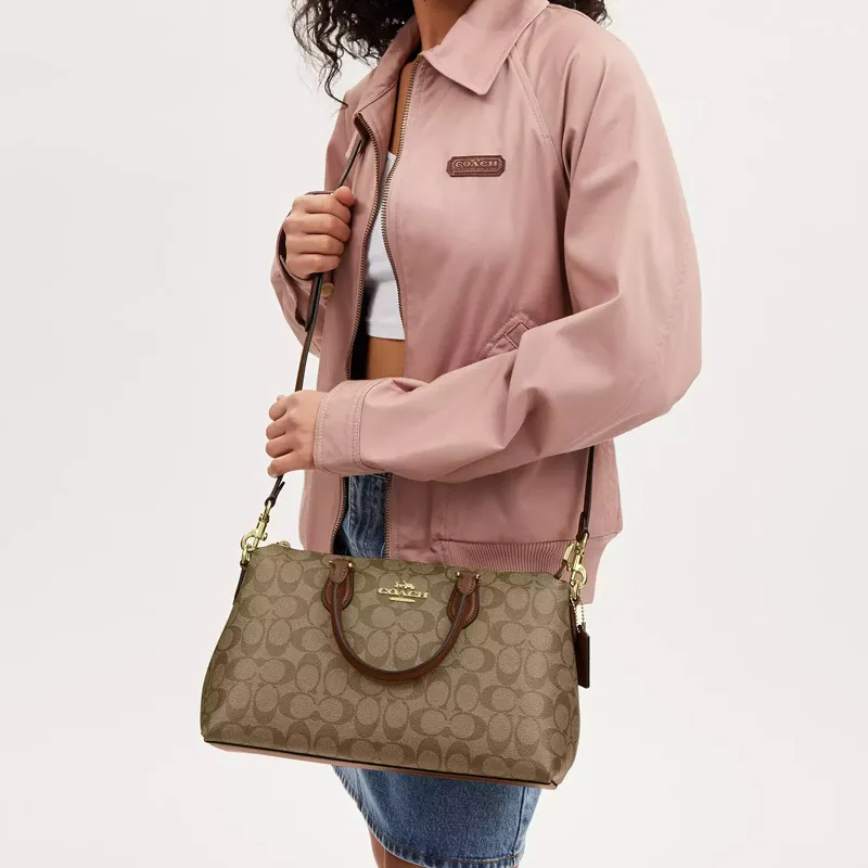 COACH Coated Canvas With Smooth Leather Shoulder Bag Crossbody Bag Handbag Women's Khaki & Saddle Brown-4