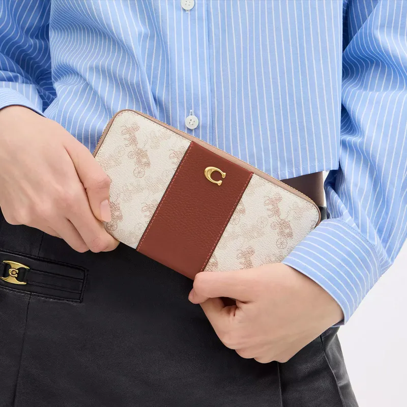 COACH Accordion Zip Coated Canvas With Polished Shell Pattern Leather Wallet Small Size Unisex White & Brown-2