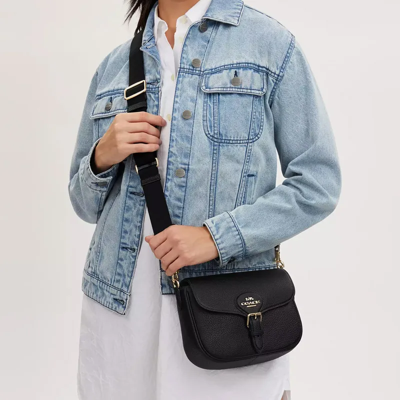 COACH Amelia Soft Pebbled Leather Saddle Bag, Shoulder Bag, Crossbody Bag Medium Size Women's Black-4