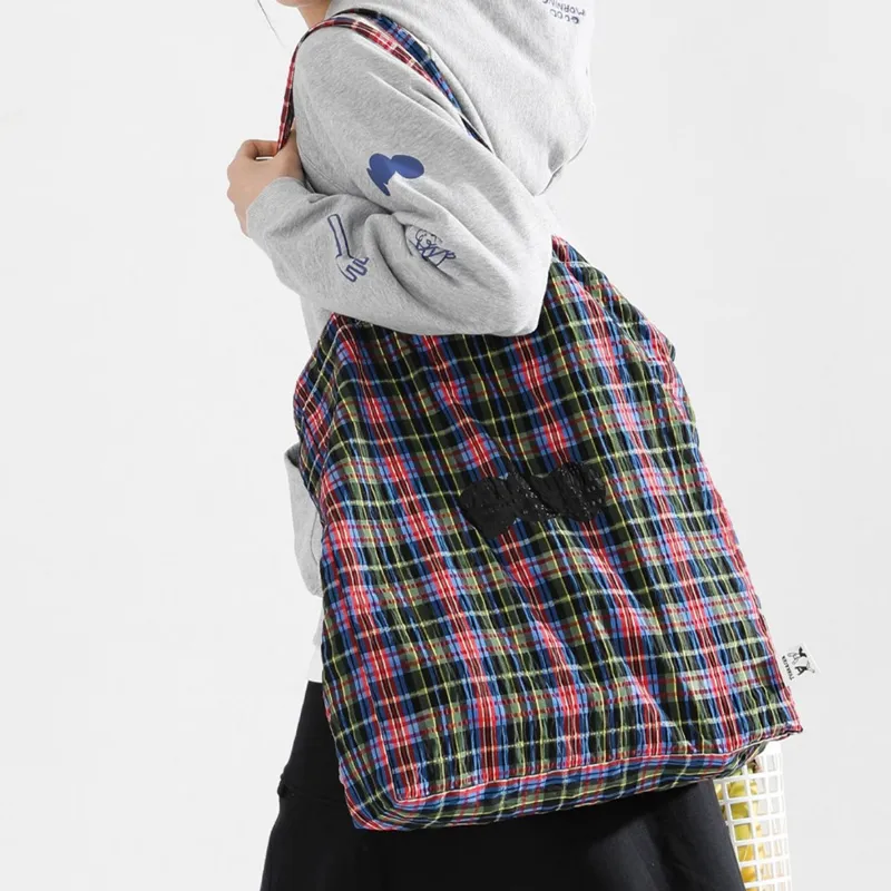 TYAKASHA Fabric Tote Bag Shopping Bag Shoulder Bag Handbag Large Size Unisex Red Black Plaid-3