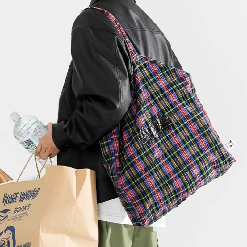 TYAKASHA Fabric Tote Bag Shopping Bag Shoulder Bag Handbag Large Size Unisex Red Black Plaid-5