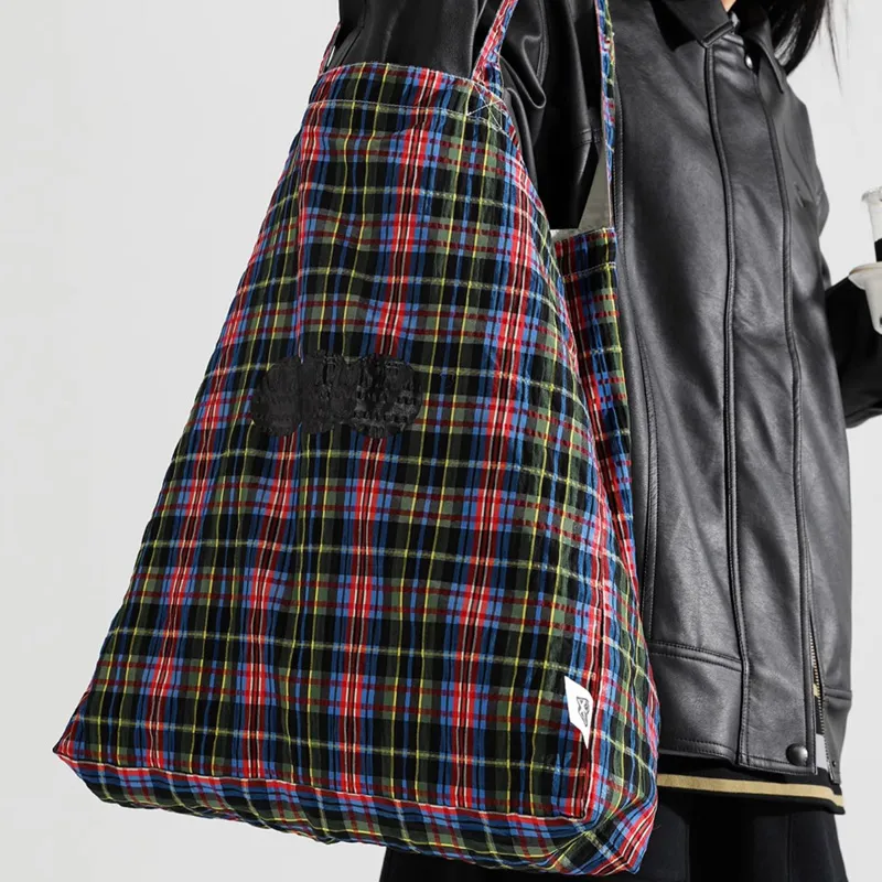 TYAKASHA Fabric Tote Bag Shopping Bag Shoulder Bag Handbag Large Size Unisex Red Black Plaid-4