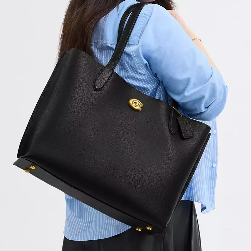 COACH Willow Polished Pebbled Leather Tote Bag, Shopping Bag, Shoulder Bag, Handbag Large Size Women's Black-5