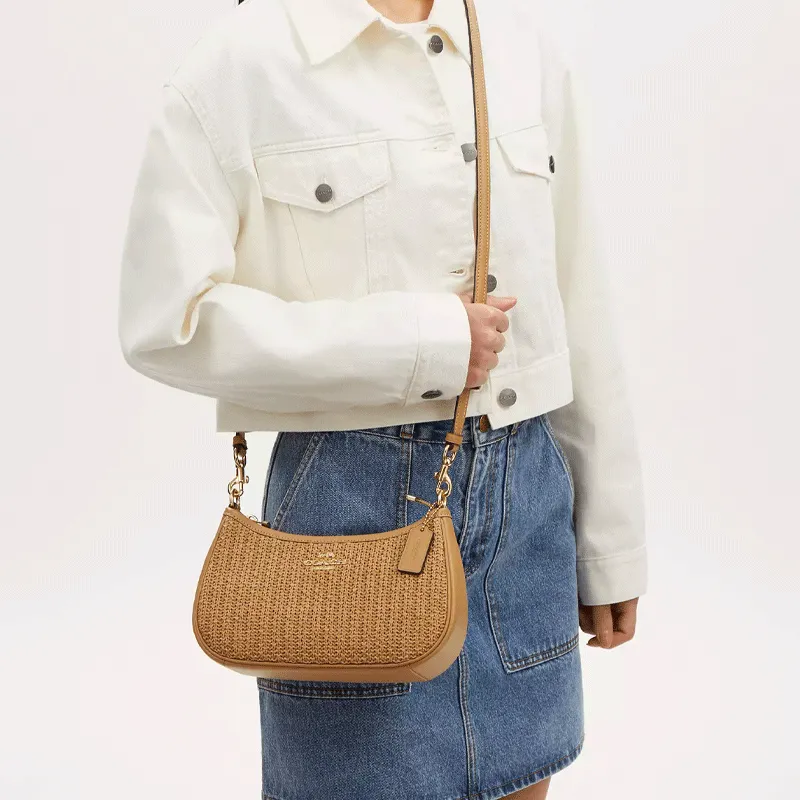 COACH Teri Straw With Smooth Leather Portable Crossbody Bag Shoulder Bag Medium Size Women's Latte Multicolor-3