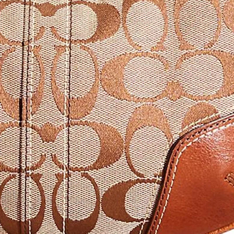 COACH Hamptons Jacquard HOBO Bag Shoulder Handbag Small Size Women's Khaki And Brown-2