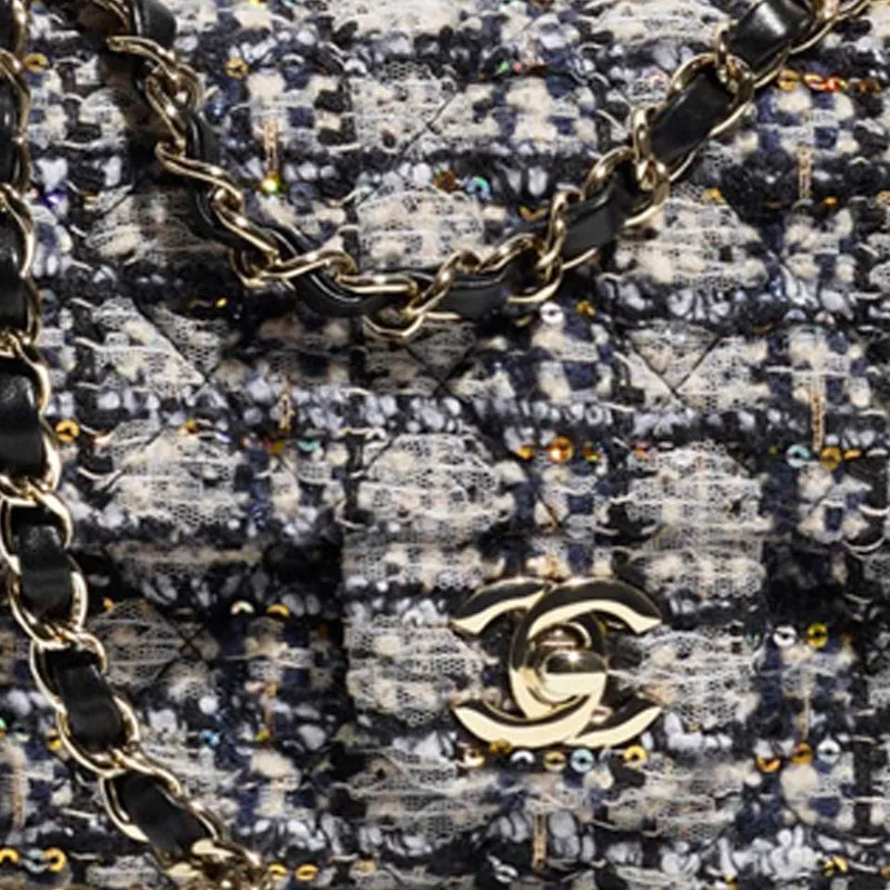 CHANEL Tweed Shoulder Bag, Crossbody Bag Women's Marine Blue & Silver & Gray-3