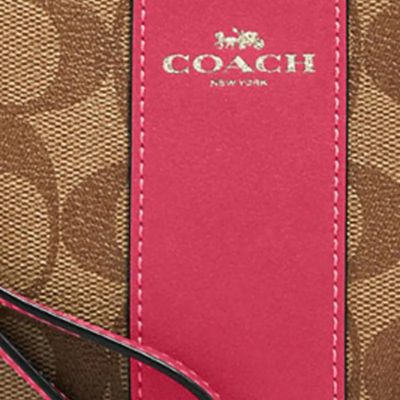 COACH Leather Handheld Coin Wallet Wrist Pouch Small Size Women's Fuchsia & Brown Monogram-3