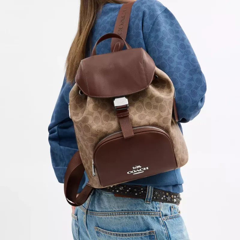 COACH Cow Leather Backpack Large Size Women's Brown-3