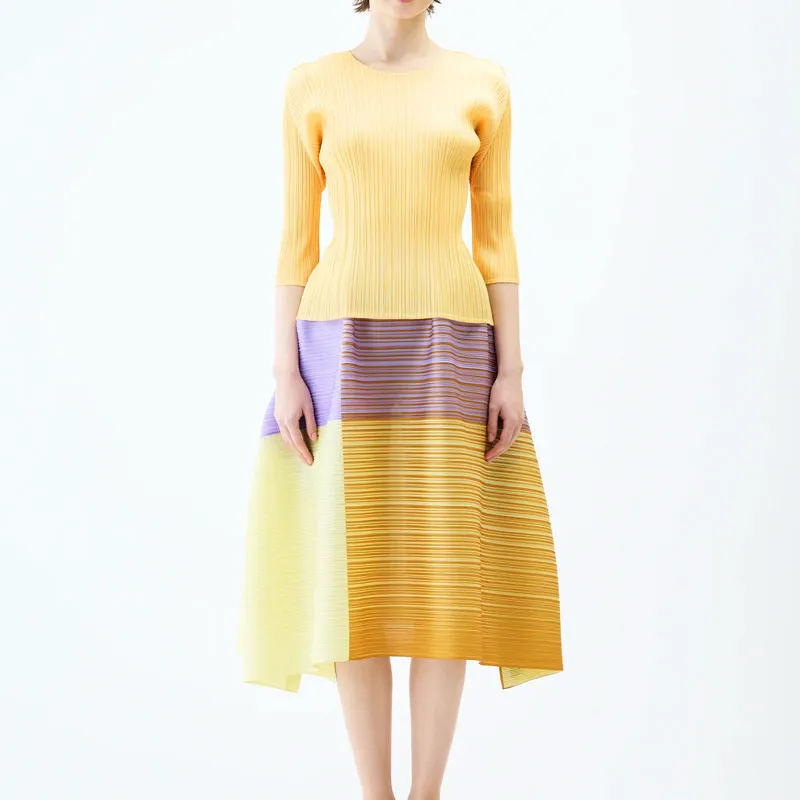 PLEATS PLEASE ISSEY MIYAKE SS25 Casual Long Skirt Women's Purple Yellow-4