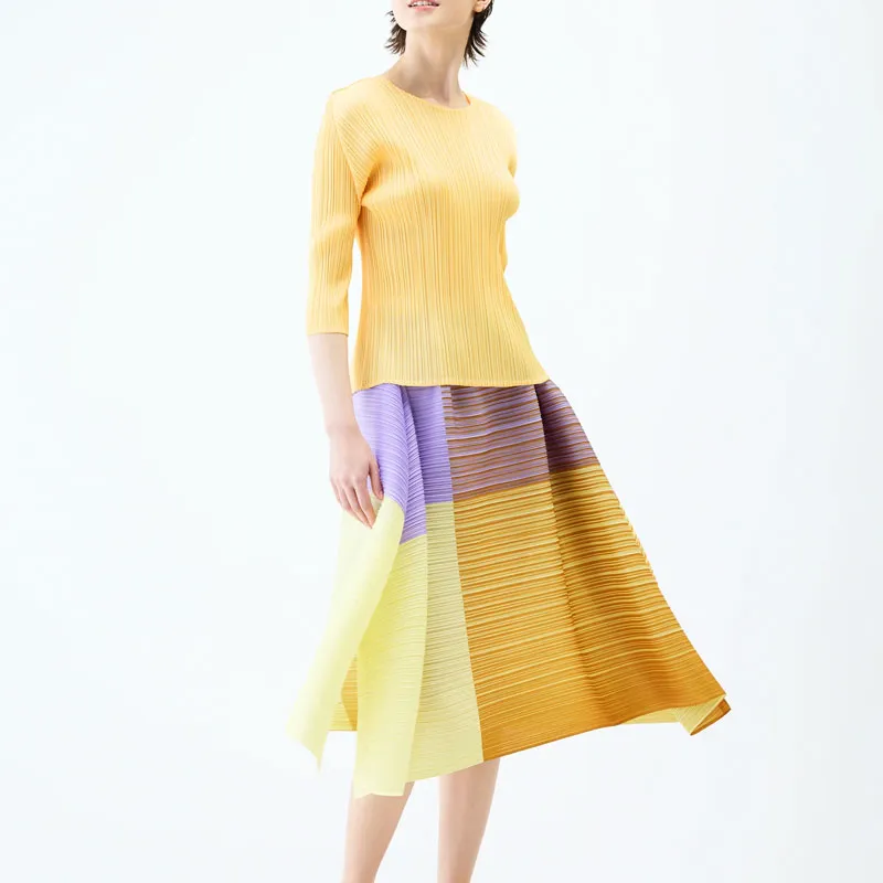 PLEATS PLEASE ISSEY MIYAKE SS25 Casual Long Skirt Women's Purple Yellow-7