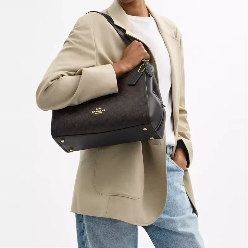 COACH Coated Canvas Shoulder Bag Regular Women's Walnut & Black-4