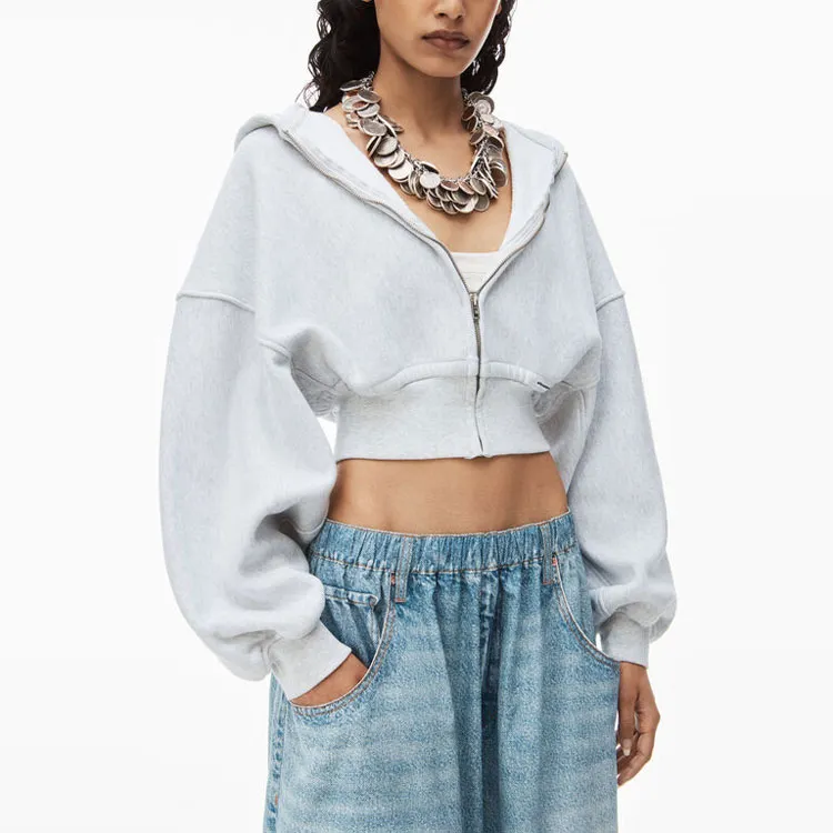 T By Alexander Wang Branded Seam Label Cropped Zip Up Hoodie Light Heather Grey-4