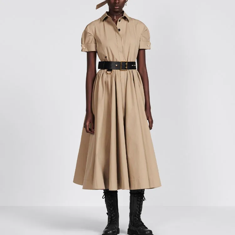 DIOR FW23 Belted Mid-Length Dress Short-Sleeved Dresses Women's Khaki-2