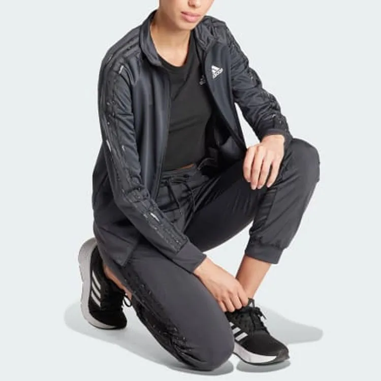 Adidas Essentials Animal Print Tricot 3-Stripes Track Jacket Jackets Coats Women's Black Gray Color-1