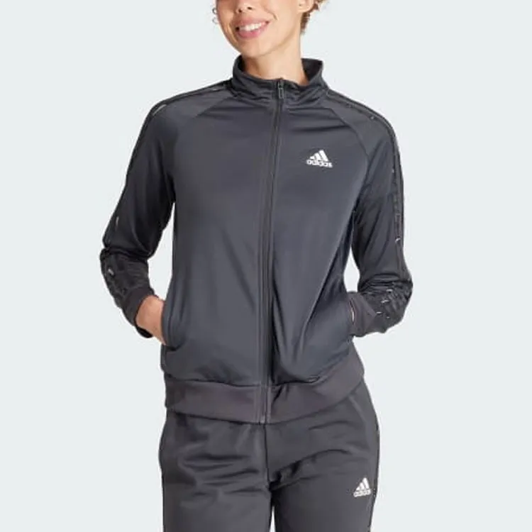 Adidas Essentials Animal Print Tricot 3-Stripes Track Jacket Jackets Coats Women's Black Gray Color-3