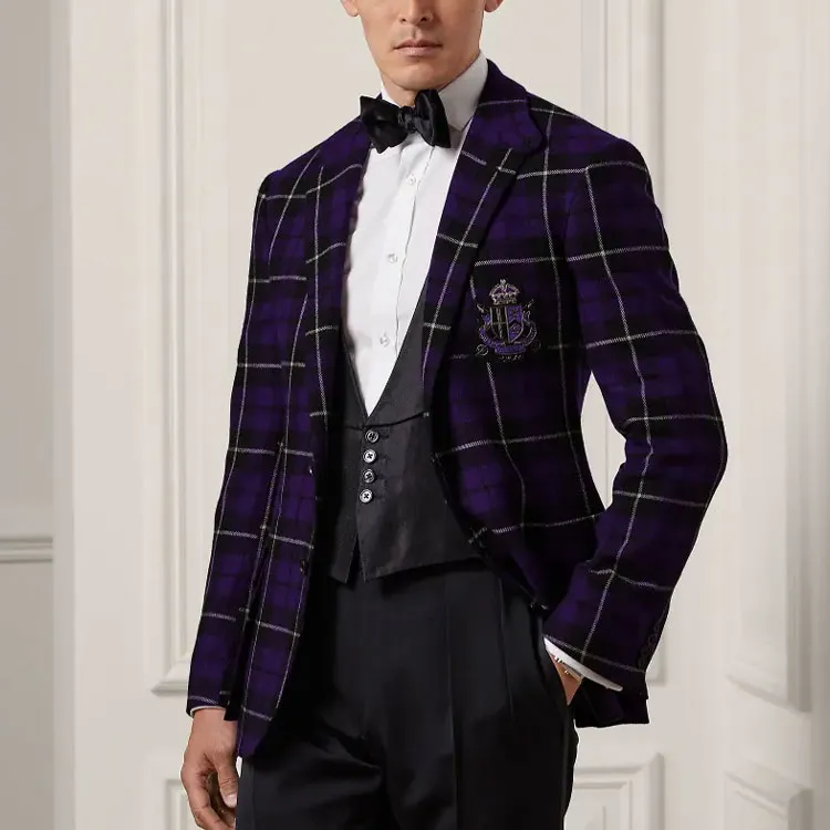 Polo Ralph Lauren Kent Handmade Plaid Cashmere Suit Jacket Business Suits Coats Men's Purple-2