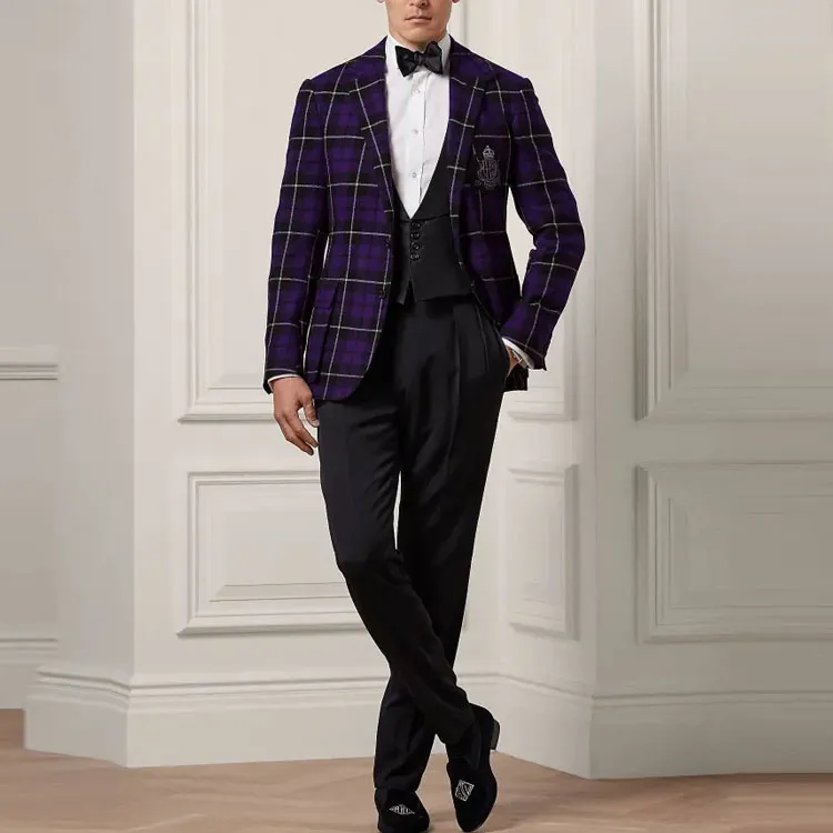 Polo Ralph Lauren Kent Handmade Plaid Cashmere Suit Jacket Business Suits Coats Men's Purple-1