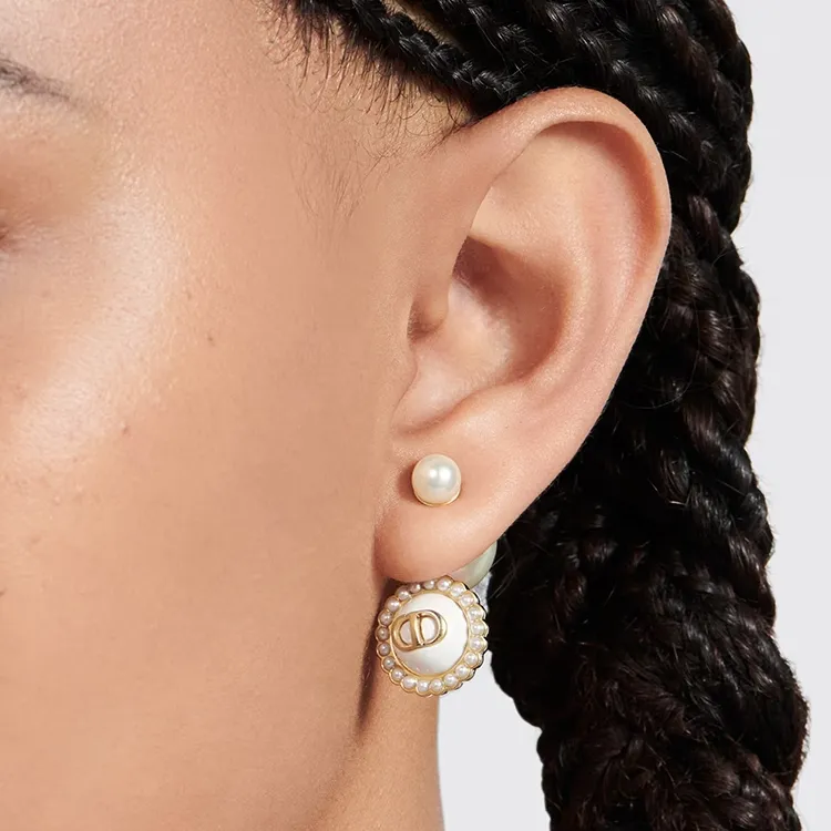 DIOR Resin Pearl Metal Glass Earrings Women's Gold/White-2