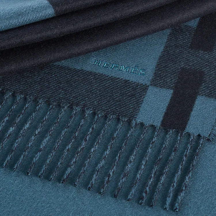 HERMES Cashmere Knit Scarves Men's Blue-1