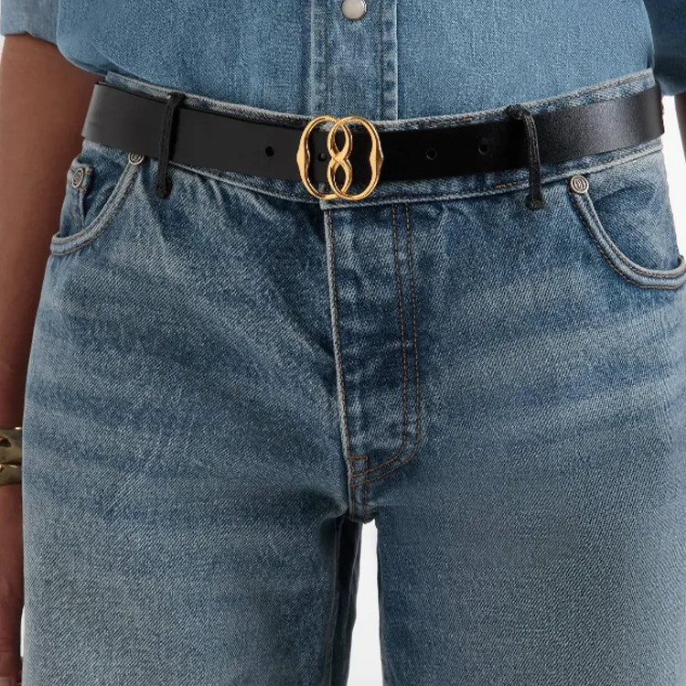 BALLY Logo Badge Design Smooth Buckle Bullhide Leather Belts Women's Black Width 2.5CM-1