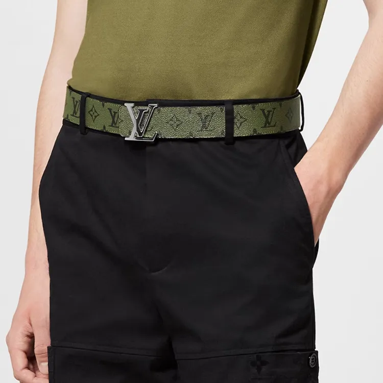 LOUIS VUITTON Logo All Over Print Smooth Buckle Leather, Canvas Leather Belts Unisex Green Width 4CM-2