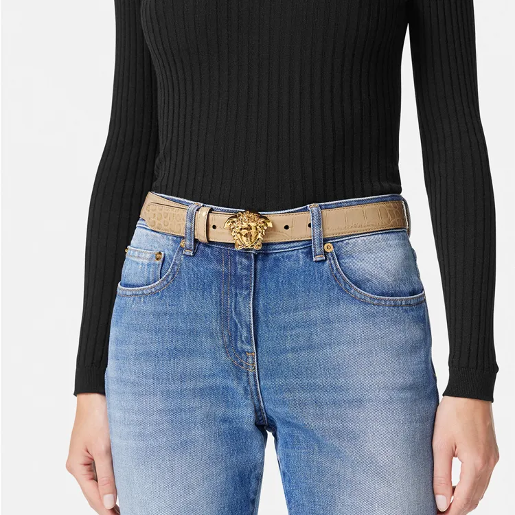 VERSACE Crocodile Pattern Embossed Design Smooth Buckle Leather Belts Women's Brown Width: 3CM-1
