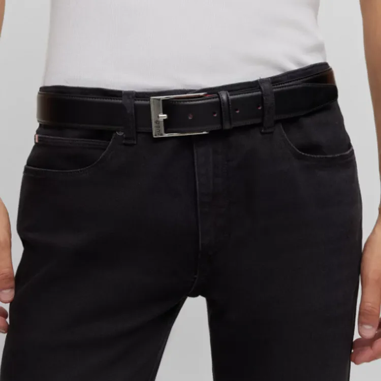 HUGO BOSS Letter Carving, Pin Buckle Leather Belts Men's Black Width 3.5cm-1