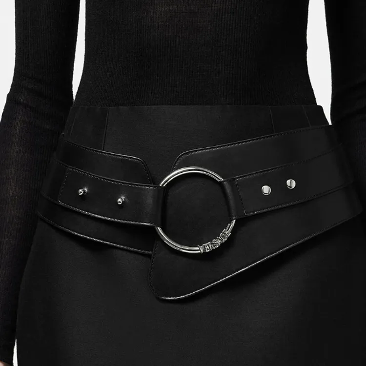 VERSACE High Rise Asymmetrical Leather Belts Women's Black Width 8.5 14.5cm-1