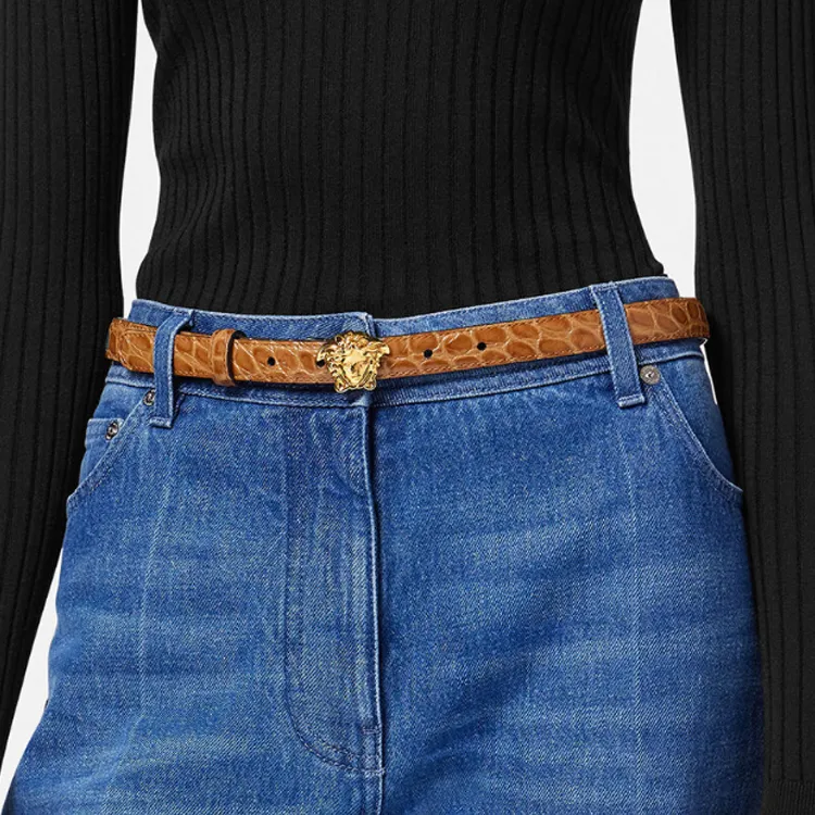 VERSACE Embellished With Crocodile Pattern Embossed Smooth Buckle Leather Belts Women's Brown Width: 2cm-1