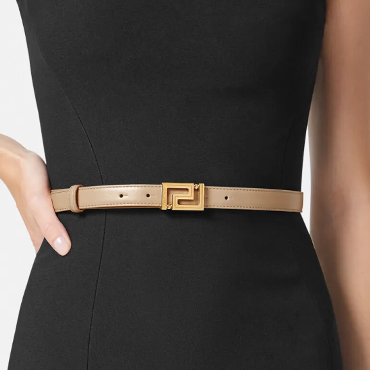 VERSACE Front Gold Logo Smooth Buckle Leather Belts Women's Camel Width: 2cm-1