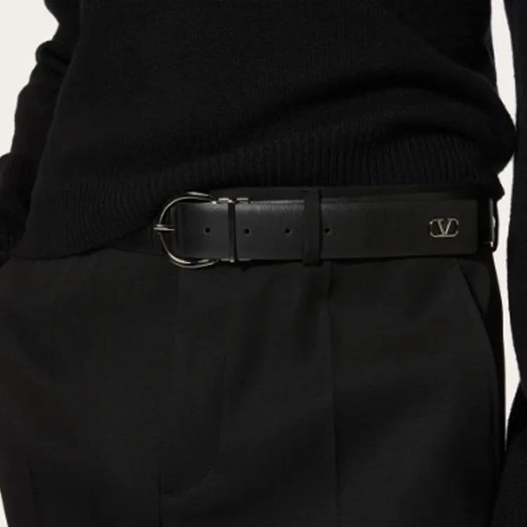 Valentino Letter Logo Pin Buckle Leather Belts Men's Black Width 3.5cm-1