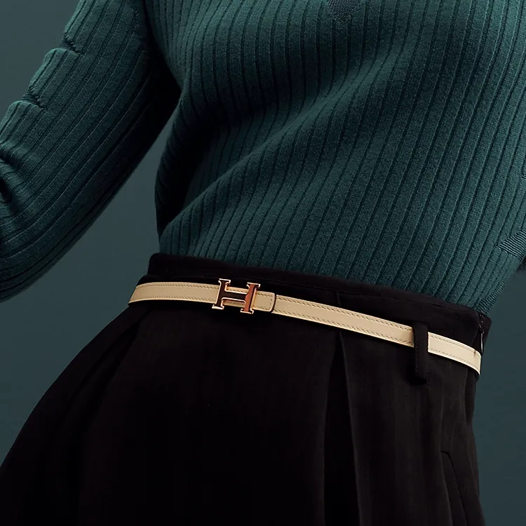 HERMES Letter H With Buckle Smooth Buckle Leather Belts Women's Silver/Yellow Width: 1.3cm-2