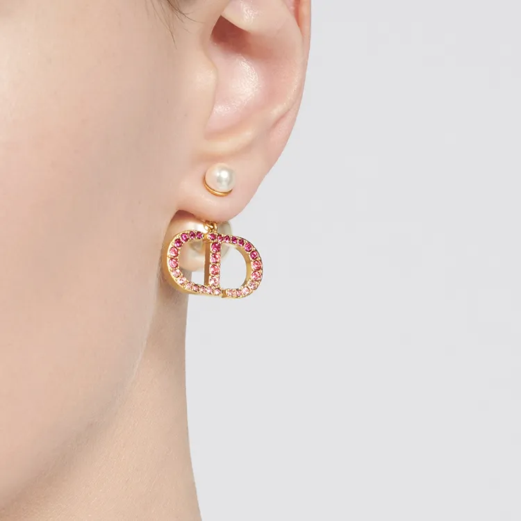 DIOR Resin Pearl Metal Crystal Earrings Women's Gold-2