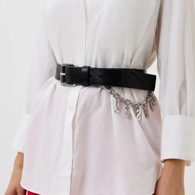 DIESEL Chain Design Pin Buckle Leather Belts Women's Black-2
