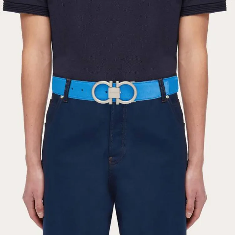 FERRAGAMO Gancini Logo Design, Smooth Buckle Suede, Suede, Palladium Plated Metal Leather Belts Men's Blue Width 3.5CM-2