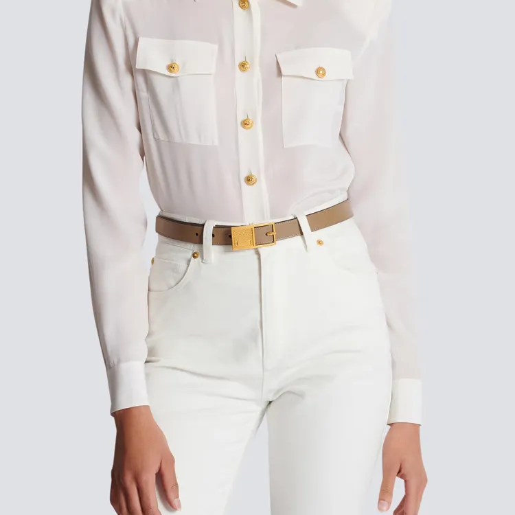 BALMAIN Solid Color Logo Pin Buckle Metal Calf Leather Leather Belts Women's Brown Width: 2.5CM-2
