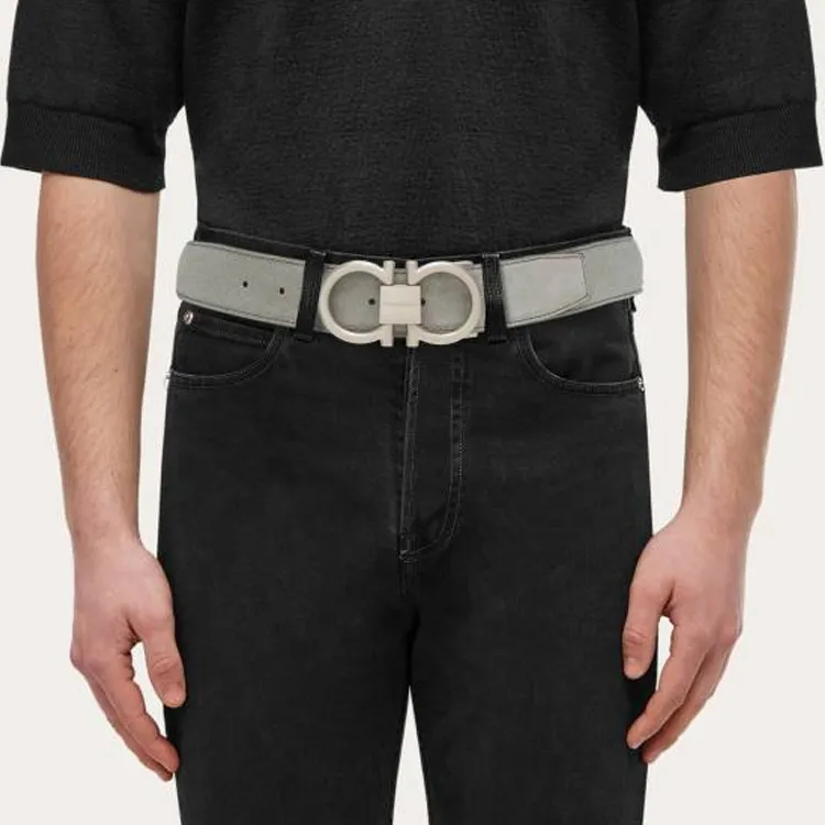 FERRAGAMO Logo Design Gancini Smooth Buckle Suede, Suede, Palladium Plated Metal Leather Belts Men's Green Width 3.5CM-2