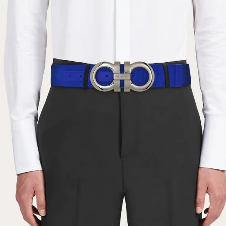 FERRAGAMO Badge Styling Smooth Buckle Calfskin Fabric Leather Belts Men's Blue Width  4CM-2