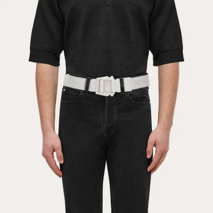 FERRAGAMO Gancini Letter Print, Smooth Buckle Fabric, Calfskin Leather Belts Men's White Width 3.5CM-2