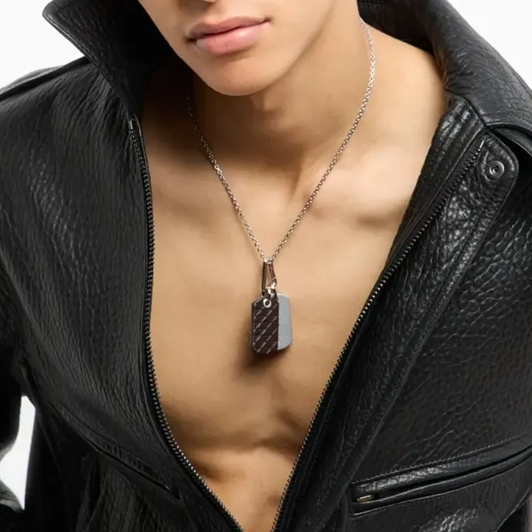 EMPORIO ARMANI Steel, Leather Necklaces Men's Silver-4