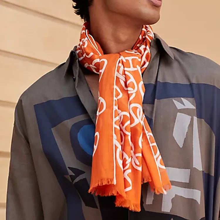 HERMES Cotton Silk Scarves Men's Orange-1