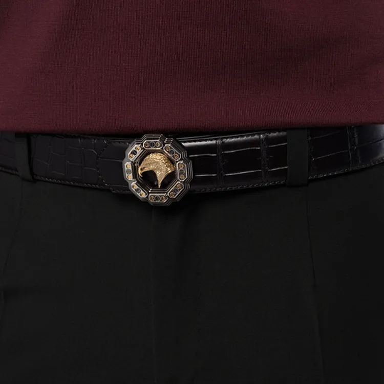STEFANO RICCI Crocodile Leather Metal Leather Belts Men's Black Width: 4CM-1